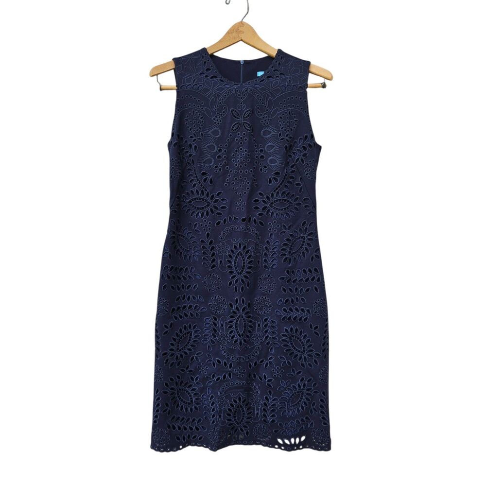J.McLaughlin Womens Navy Blue Eyelet Laser Cut Sleeveless Shift Dress S Coastal
